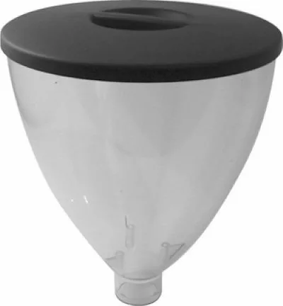 The Ascaso MI..75 Bean Hopper with Lid for I-1, I-1D, I-2, and I-2D is a clear, cone-shaped container with a black lid and small nozzle, designed for easy pouring or dispensing. © 2025 1st-line.com
