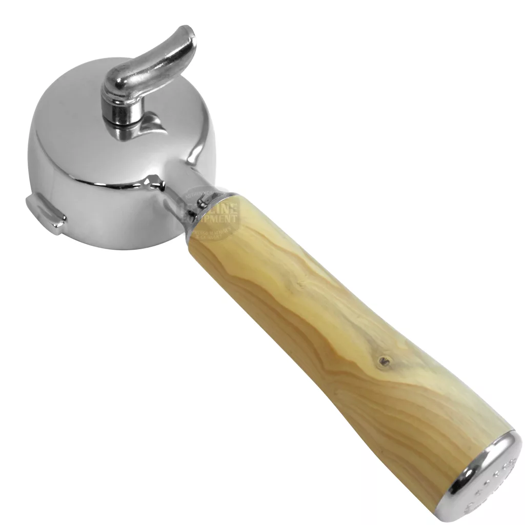 The Ascaso PM.262 Portafilter - 1-cup with a polished wood handle is shown on a white background, compatible with versatile models. © 2025 1st-line.com