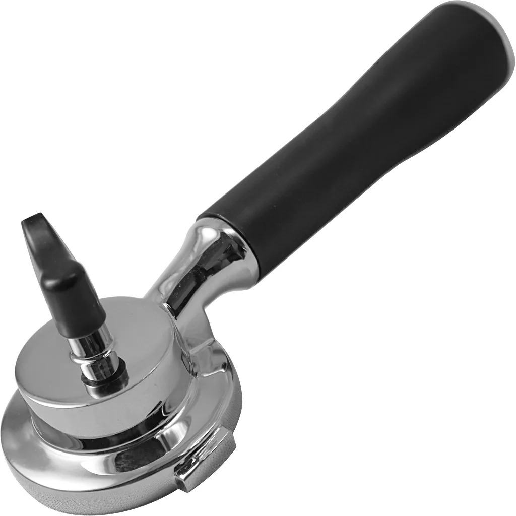 The Ascaso PM..85 Capsule Portafilter features a single spout and black handle, is compatible with Lavazza Point capsules, and fits Ascaso PM.85 machines for single-dose espresso preparation. © 2025 1st-line.com