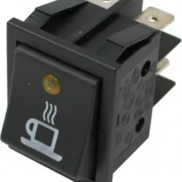 The Ascaso V.1475 BLACK BIPOLAR ON/OFF SWITCH features a yellow indicator light and a white steaming coffee cup icon, designed for powering appliances such as coffee makers. © 2025 1st-line.com