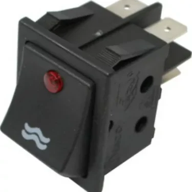The Ascaso V.1477 BLACK BIPOLAR Water Switch is a black rocker switch featuring a red indicator light, white wavy line symbol, and metal prongs for easy electrical connections—ideal for controlling heating elements. © 2025 1st-line.com