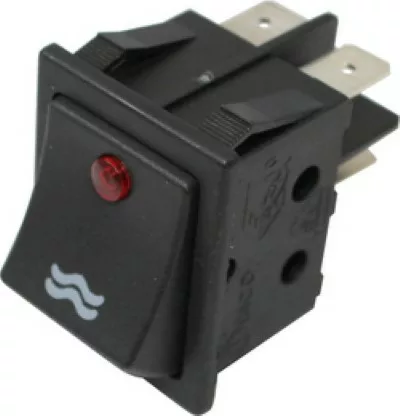 The Ascaso V.1477 BLACK BIPOLAR Water Switch is a black rocker switch featuring a red indicator light, white wavy line symbol, and metal prongs for easy electrical connections—ideal for controlling heating elements. © 2025 1st-line.com