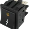 The Ascaso V.1478 BLACK BIPOLAR SWITCH 16a 250v features a yellow indicator light, a white lightning bolt symbol, and three metal prongs for connections. © 2025 1st-line.com
