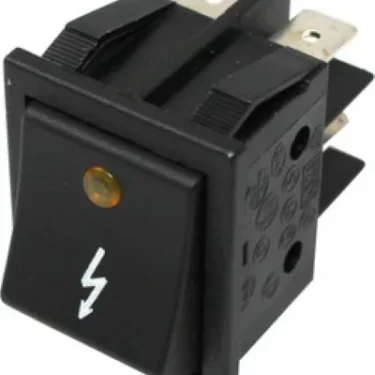 The Ascaso V.1478 BLACK BIPOLAR SWITCH 16a 250v features a yellow indicator light, a white lightning bolt symbol, and three metal prongs for connections. © 2025 1st-line.com