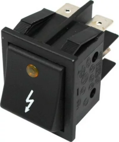 The Ascaso V.1478 BLACK BIPOLAR SWITCH 16a 250v features a yellow indicator light, a white lightning bolt symbol, and three metal prongs for connections. © 2025 1st-line.com