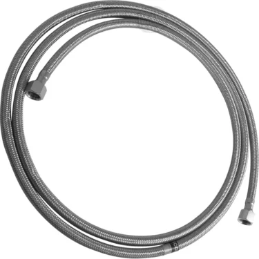 The Ascaso V.1841 3/8 H x 3/8 H 250cm Flexible Hose is a coiled stainless steel braided hose with metal connectors on both ends, commonly used for plumbing or connecting appliances. © 2025 1st-line.com