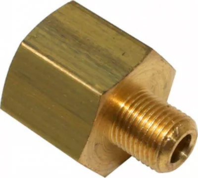 The Ascaso V..307 3/8 F x 1/8 M Brass Fitting is a hexagonal adapter with a 3/8 female thread on one side and a 1/8 male thread on the other, designed for connecting compatible fittings or hoses. © 2025 1st-line.com