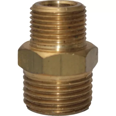 The Ascaso V.312 1/2 M x 3/8 M fitting is a brass pipe adapter with male threads on both ends and a hexagonal center for easy wrench tightening—ideal for connecting pipes or hoses. © 2025 1st-line.com