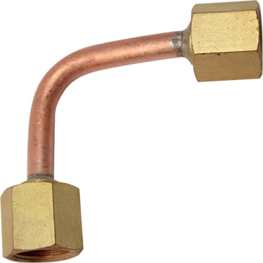 The Bezzera 5162234LL Steam Tap Pipe is a copper pipe bent at a right angle with large brass hexagonal nuts on both ends, designed for plumbing or refrigeration applications. © 2025 1st-line.com