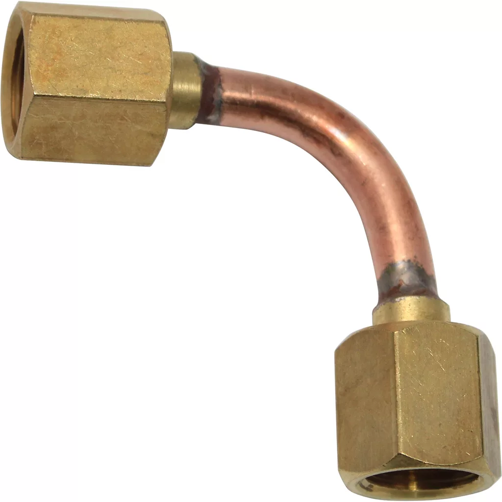 The Bezzera 5162236.01LL Suppression Valve HX Pipe is a pipe fitting with brass hex nuts on both ends, featuring a 90-degree bend for connecting plumbing or refrigeration lines. © 2025 1st-line.com