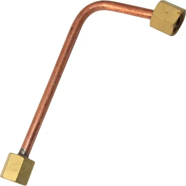 The Bezzera 5162237.01LL Boiler Load Pipe is a copper pipe with an angled bend and brass hexagonal fittings on both ends, designed for plumbing or refrigeration connections in Bezzera systems. © 2025 1st-line.com