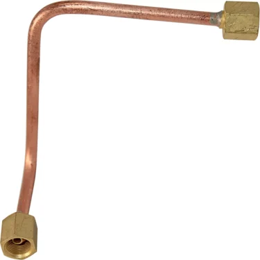 The Bezzera 5162318LL HX to Grouphead Pipe is a copper tube with brass fittings at both ends and a right-angle bend, shown on a white background. © 2025 1st-line.com