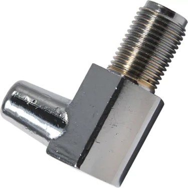 The Bezzera 5283061 Drain Fitting for Suppression Valve is a metal right-angle adapter with a threaded end and smooth nozzle, commonly used for connecting tires or air hoses. © 2025 1st-line.com