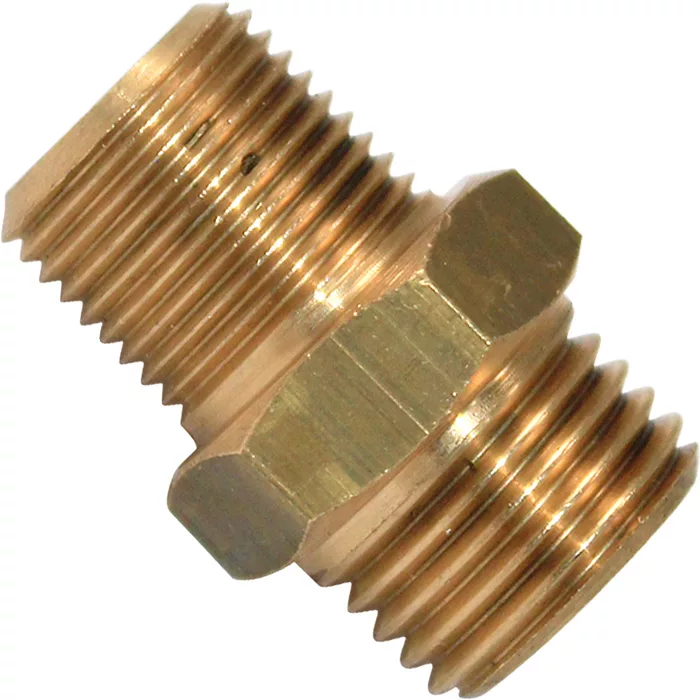 The Bezzera 5302009 Fitting is a brass hex nipple with M12 x 1/4 G male threads and a hex center for tightening, used to connect two female-threaded pipes or fittings. © 2025 1st-line.com