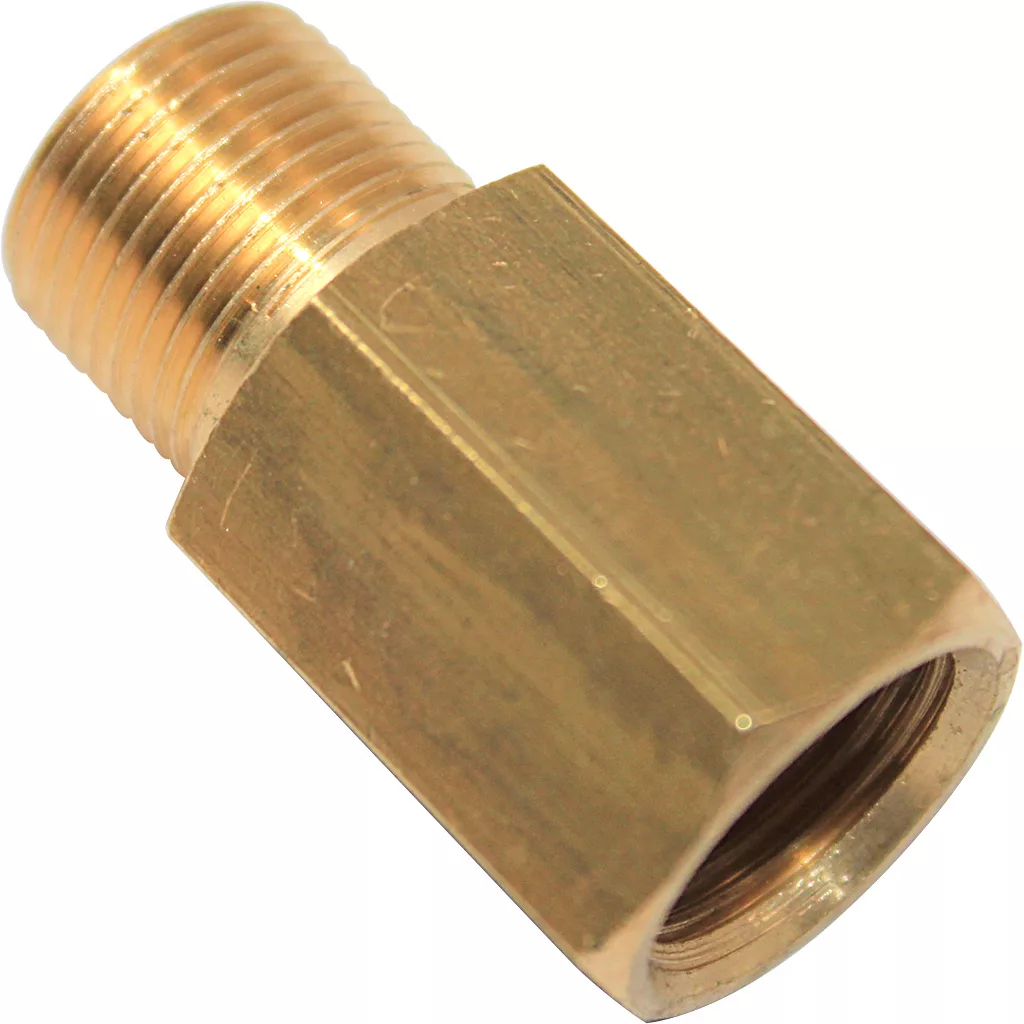 The Bezzera 5302064 Fitting is a brass pipe fitting with a hexagonal body, featuring male threads on one end and female threads on the other. © 2025 1st-line.com