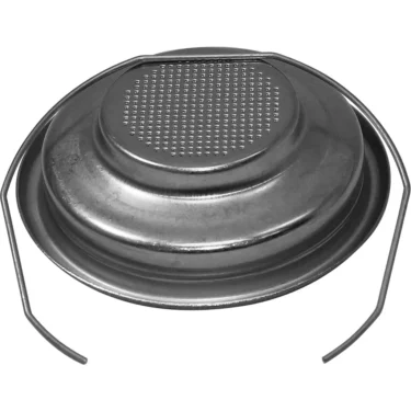 The Bezzera 5471010 1-Cup 58mm Filter Basket is a metal strainer with a perforated surface and two wire handles, designed for easy liquid draining, similar in style to can strainers. © 2025 1st-line.com