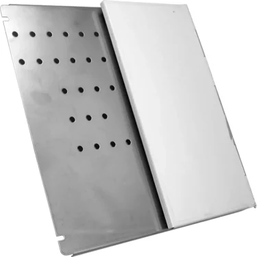 The Bezzera 5961602.01 Top Panel Assembly is a rectangular metal tray with evenly spaced round holes on one side, a solid white rectangle on the other, and small edge notches. © 2025 1st-line.com