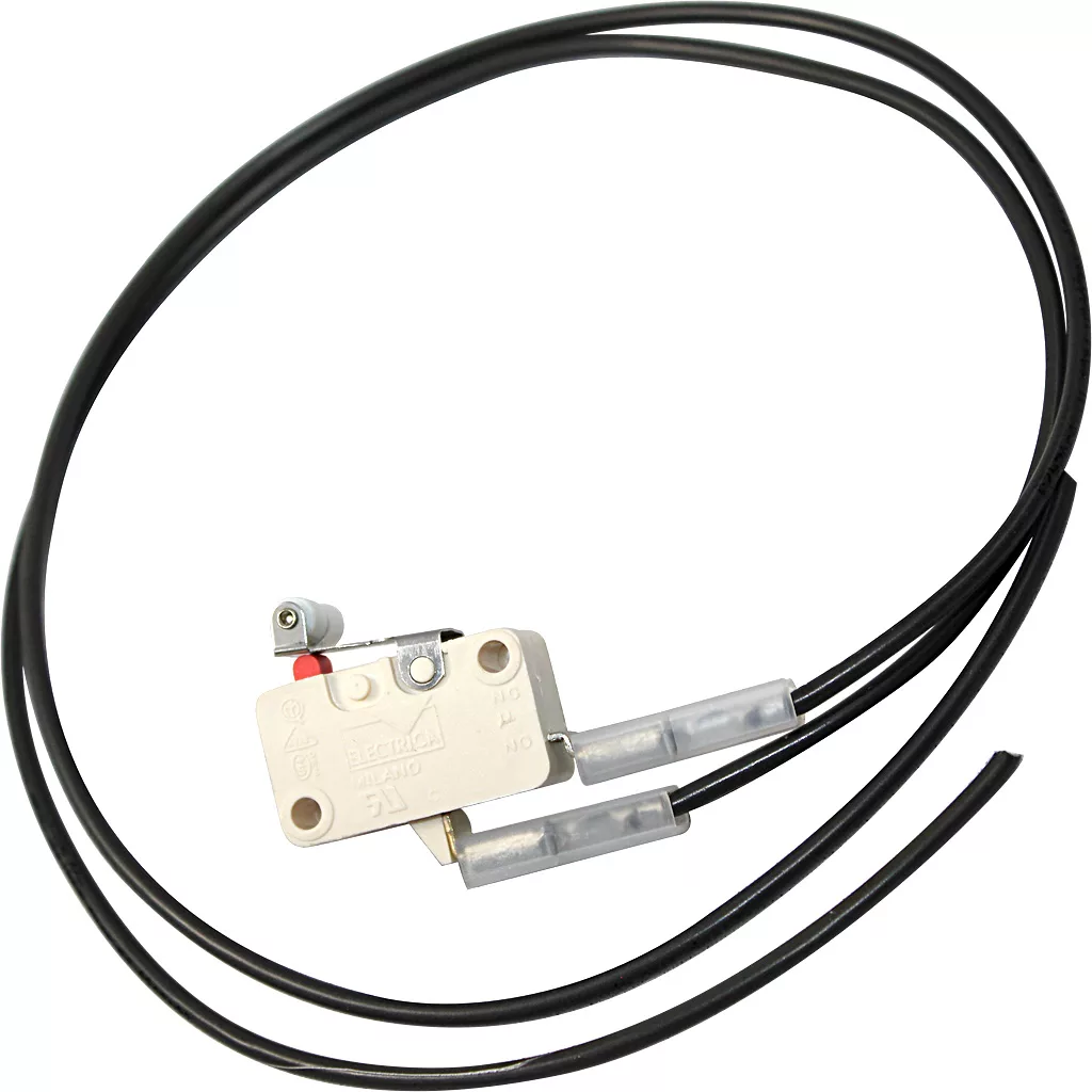 The Bezzera 5963110.01 Microswitch features a white rectangular body, small metal lever, and two black wires with exposed ends, shown isolated on a white background. © 2025 1st-line.com