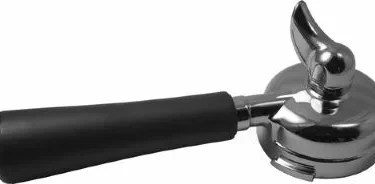 The Bezzera 5965501.01R 58mm Single Spout Portafilter features a black handle and locking mechanism, holding coffee grounds securely for rich espresso shots. © 2025 1st-line.com