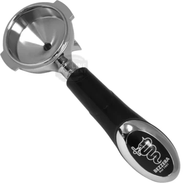The Bezzera 5965588.02R 1-Cup 58mm Portafilter Assembly features a black handle, iconic logo and text, and a stainless steel body, shown empty and angled to display both the basket and handle. © 2025 1st-line.com