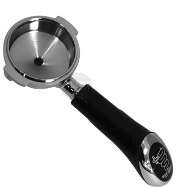 The Bezzera 5965590.02R 2-Cup 58mm Portafilter Assembly with a black handle rests on a white background, showing the basket for coffee grounds at the top. © 2025 1st-line.com