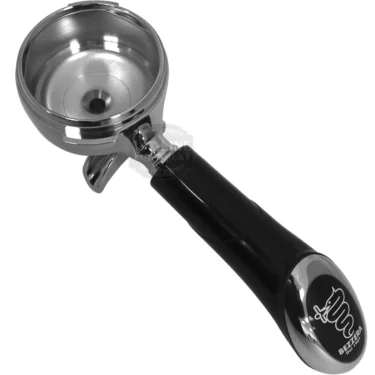 The Bezzera 5965591.02R is a metal and black 2-cup 58mm portafilter for espresso machines, featuring the Bezzera logo on the handle’s end. © 2025 1st-line.com