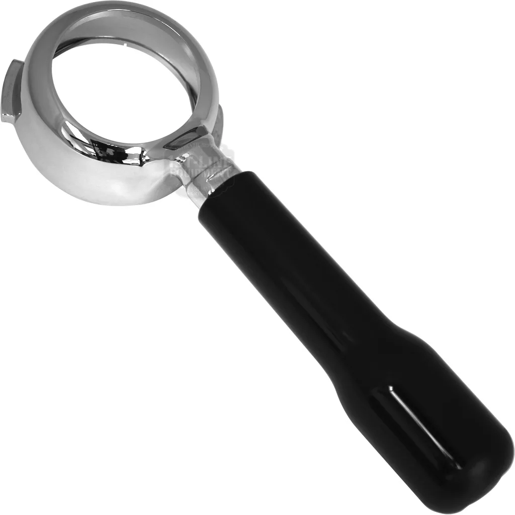 The Bezzera 5965595.01R BZ Black Handle 58mm Bottomless Portafilter, featuring a shiny metal filter holder and black handle for espresso machines, is shown against a white background. © 2025 1st-line.com