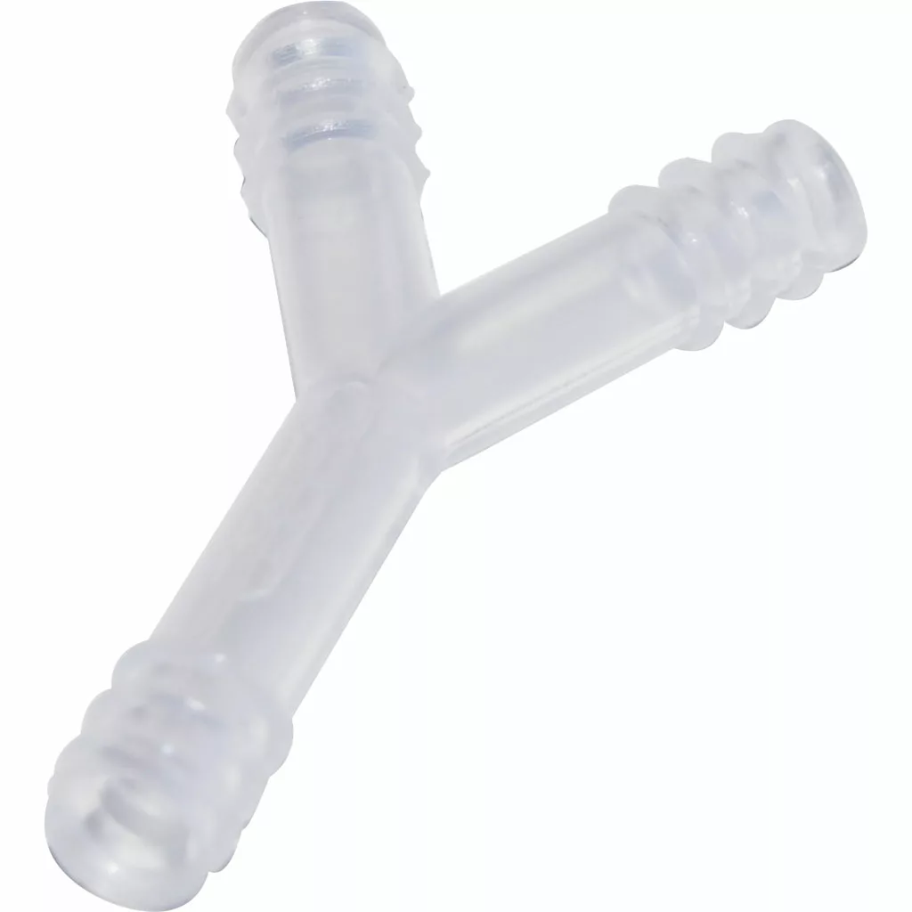 The Bezzera 7303033 Y Fitting for Unica is a clear plastic connector with ribbed ends, designed for joining or splitting flexible tubing or hoses in espresso machines and similar applications. © 2025 1st-line.com