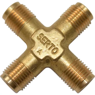 The Bezzera 7304001TR Union Elbow 1/8 G is a brass X-shaped fitting with four threaded ends and “SERTO” embossed in the center—ideal for Bezzera or Union Elbow uses. © 2025 1st-line.com