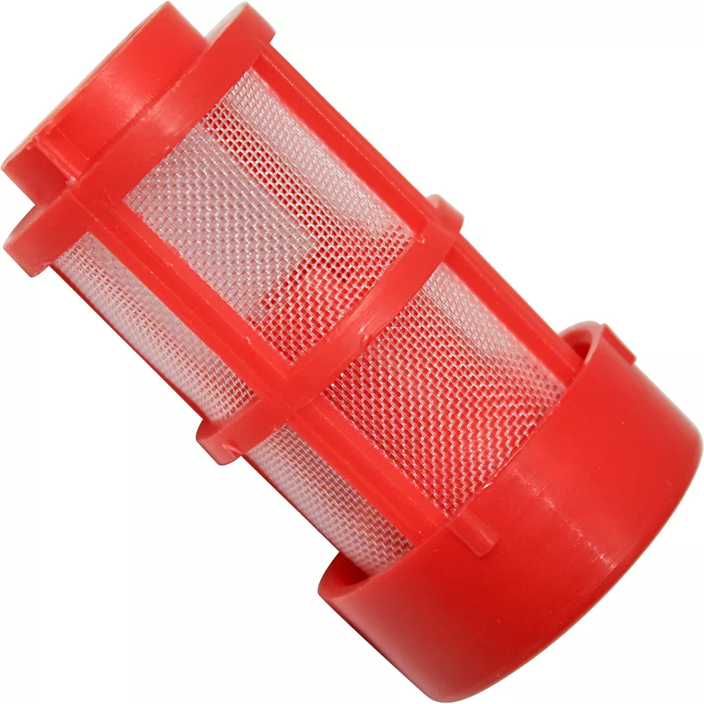 The Bezzera 7374002 Water Tank Filter is a cylindrical filter with a red plastic frame and fine metal mesh, shown angled on a white background. Designed for compatibility with Bezzera machines. © 2025 1st-line.com