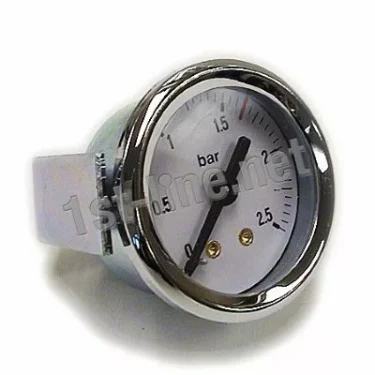 The Bezzera 7432508 Pressure Gauge 2.5 Bar features a metallic rim, a clear 0–2.5 bar scale, a black needle at 1.5 bar, and two gold connectors at the bottom for easy installation. © 2025 1st-line.com