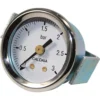 The Bezzera 7432522 Pressure Gauge is a round, metallic gauge labeled CALDAIA, measuring 0–3 bars. The needle rests just below 0.5 bar, and it includes two mounting brackets. © 2025 1st-line.com