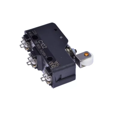 The Bezzera 7633907 Microswitch - tank/reservoir is a black industrial microswitch with metal terminals and a silver lever arm, ideal for electrical control applications, shown isolated on a white background. © 2025 1st-line.com