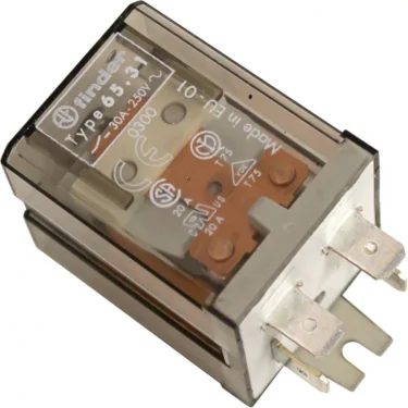 The Bezzera 7635410 Relay - 220V, 30A features a transparent case revealing internal copper contacts and metal terminals, with voltage and certification markings displayed on the enclosure. © 2025 1st-line.com