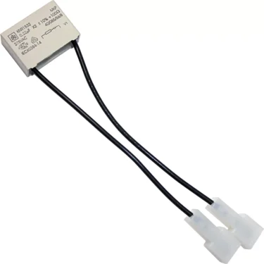 The Bezzera 7663005R Filter RC is a rectangular electrical component with two black wires ending in white connectors. Printed text and symbols are on the silver surface. Designed for use with Bezzera machines. © 2025 1st-line.com