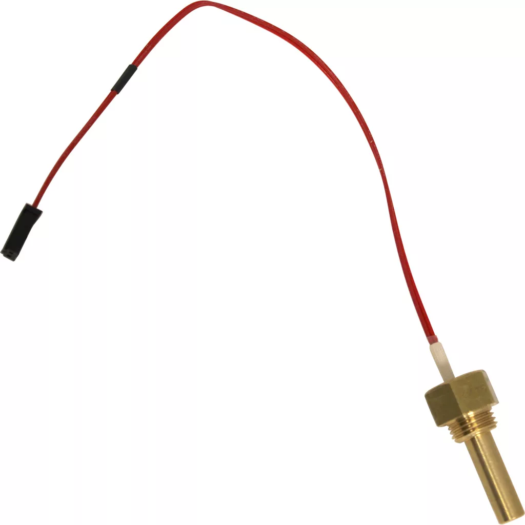 The DISCONTINUED ACS VES0031 Temp. Probe/Sensor – Vesuvius features a brass body, threaded end, long red wire, and black connector. © 2025 1st-line.com