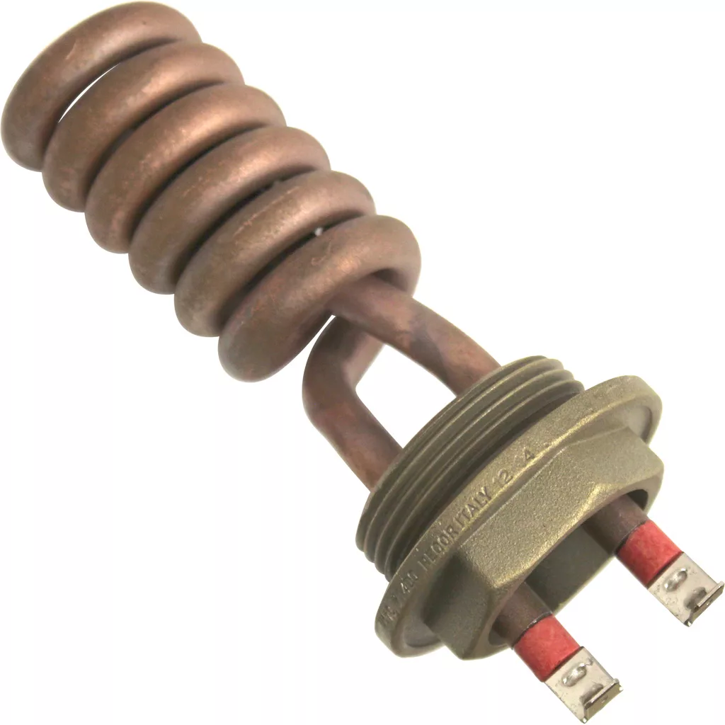The DISCONTINUED Ambiente Espresso Heating Element 1200W, 110V – Vesuvius features a coiled metal design, two red connectors, and a threaded base for easy installation. © 2025 1st-line.com