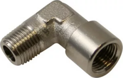 The DISCONTINUED Ascaso 1/8 F Elbow Fitting is a metal 90-degree connector with female threads on both ends, suitable for joining pipes or tubes in plumbing or hydraulic setups. © 2025 1st-line.com