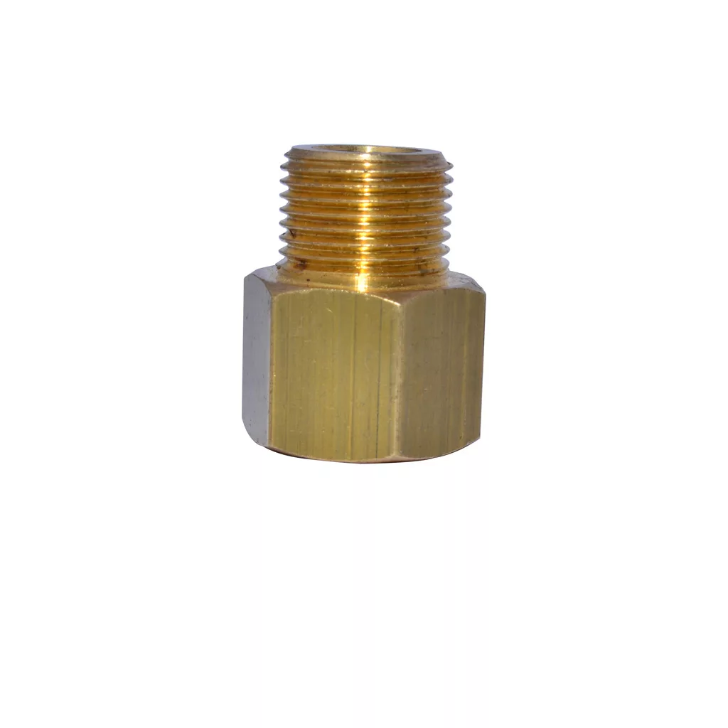 The DISCONTINUED Ascaso Brass Fitting - 3/8 F x 3/8 M features a hexagonal pipe design with external threads on the upper half and a smooth hex nut base, shown against a white background. © 2025 1st-line.com