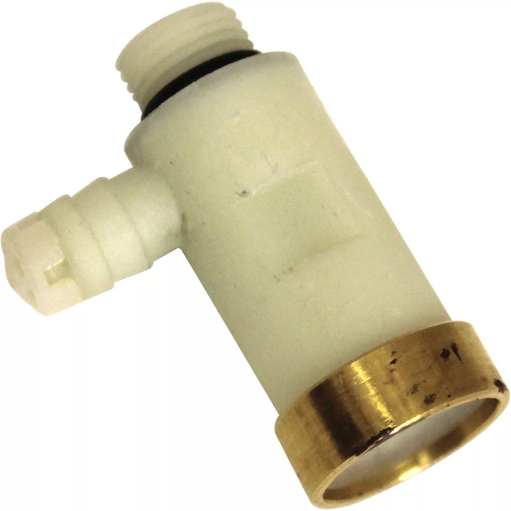 The DISCONTINUED Ascaso I..693 Reinforced S2 Valve features a threaded white reinforced plastic body, side outlet, and brass ring for secure plumbing or fluid connections. © 2025 1st-line.com