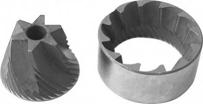 The DISCONTINUED Ascaso MC..74 38mm conical grinding burrs include a metal burr with a central hole and angled ridges, plus a circular outer ring with jagged inner edges, designed for grinding coffee beans. © 2025 1st-line.com