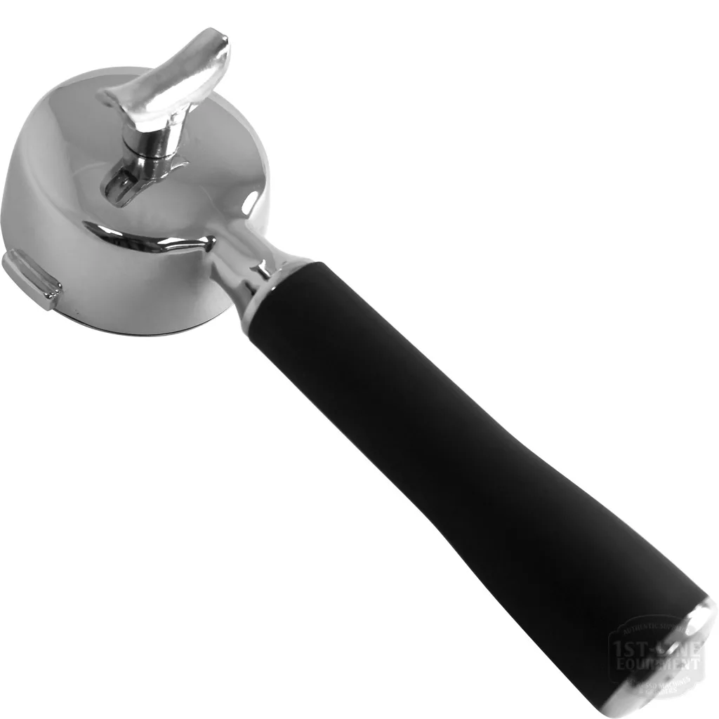 The DISCONTINUED Ascaso PM.102 57mm Dual Spout Portafilter Assembly features stainless steel construction and a black handle, shown against a white background. © 2025 1st-line.com