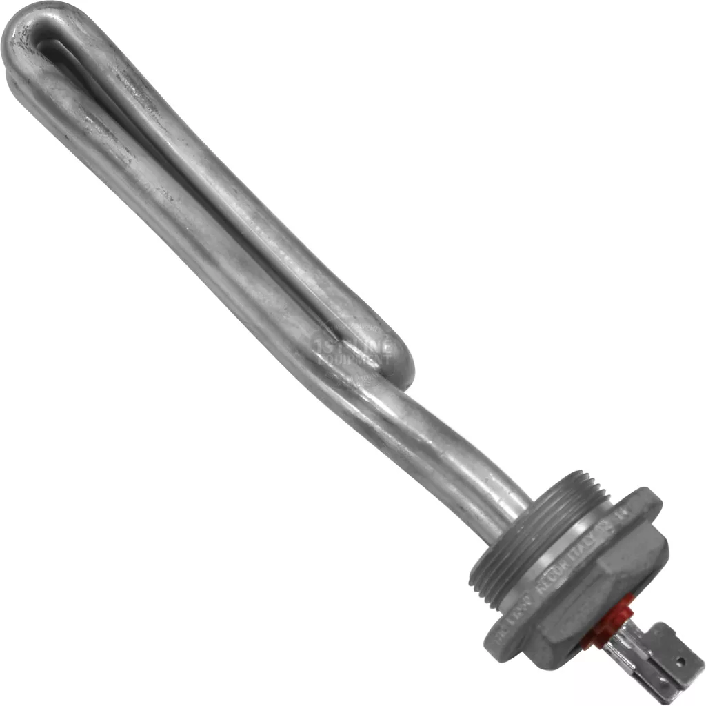 The DISCONTINUED Bezzera 5721127TP Heating Element (110V/1350W) features a threaded base and electrical connector for appliance installation, such as in water heaters or boilers. © 2025 1st-line.com