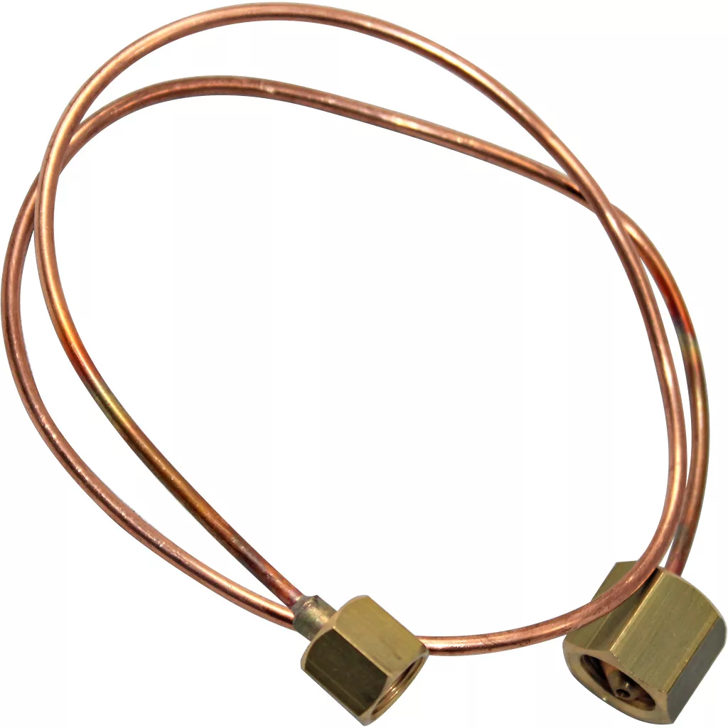 The DISCONTINUED Bezzera 7400901 Capillary Tube is a coiled copper tube with hexagonal brass fittings at both ends, suited for plumbing, refrigeration, or gas applications. © 2025 1st-line.com