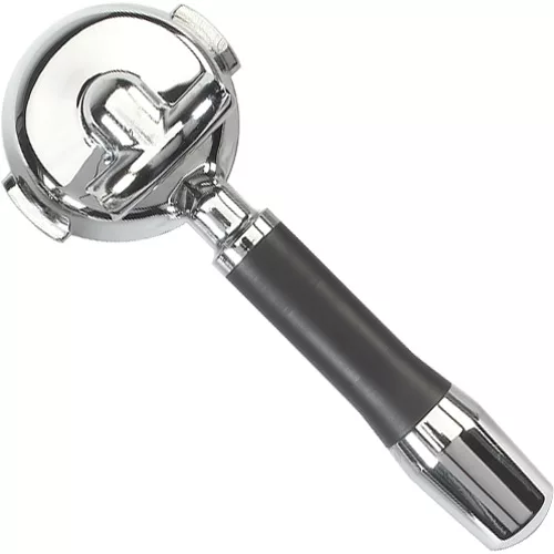 The DISCONTINUED ECM 89422 is a 58mm 2-cup dual spout portafilter with a black handle, designed for holding coffee grounds in espresso machines. © 2025 1st-line.com