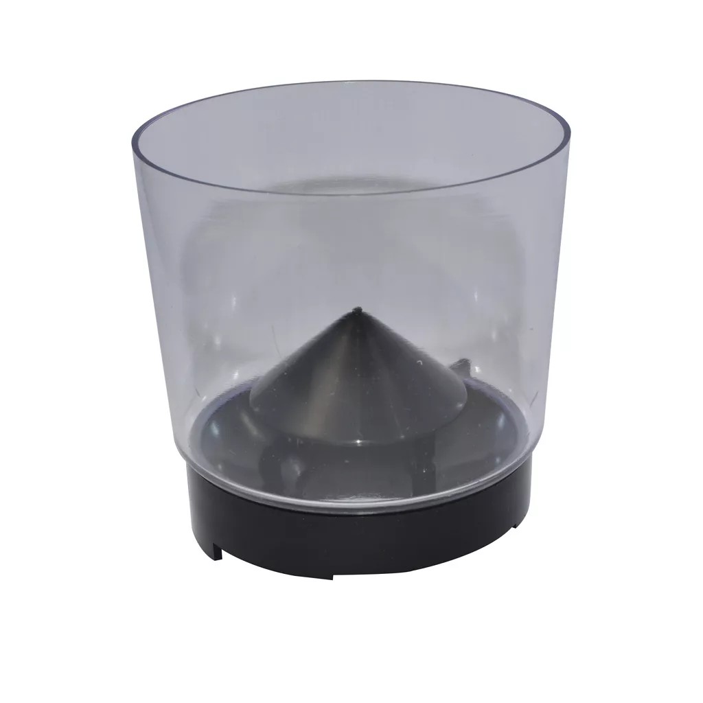 The DISCONTINUED Pasquini 0.5 KG Bean Hopper for Pasquini Moka/Anfim Grinder is a transparent plastic container with a black base and cone-shaped center, designed to hold coffee beans for these grinders. © 2025 1st-line.com