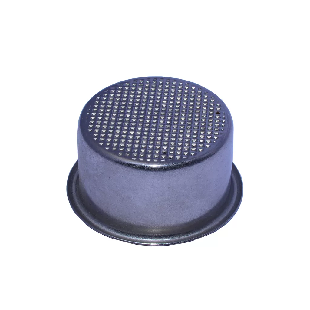 The DISCONTINUED Ponte Vecchio F4202 45mm 2-Cup Filter Basket is a metal, cylindrical filter with small perforations on the top and a flat, ridged bottom, commonly used in espresso machines. © 2025 1st-line.com