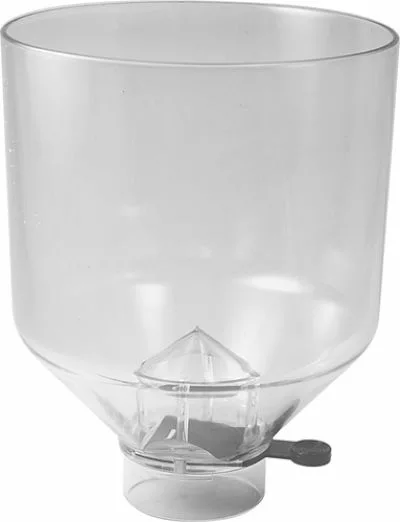 The DISCONTINUED Quamar 160080 Tall Bean Hopper is a transparent, cylindrical plastic hopper with a funnel-shaped bottom, pyramid-like inner structure, and a small circular lever near the base. © 2025 1st-line.com