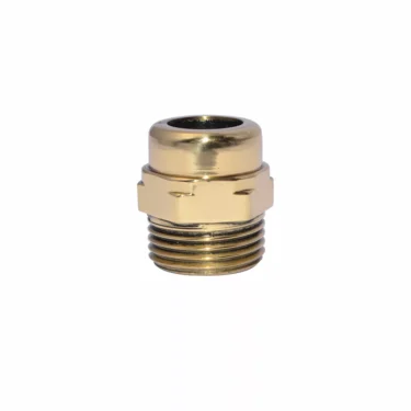 The Elektra 00041019 Brass Gauge Glass Nut features a hexagonal middle, smooth top, and threaded bottom—perfect for use with brass gauges. Shown isolated on a white background. © 2025 1st-line.com
