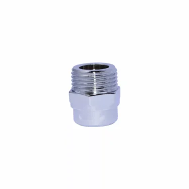 The Elektra 00041021 Chrome Gauge Glass Nut is a metal pipe fitting with external threads on the top half and a hexagonal middle section, shown isolated on a white background. © 2025 1st-line.com